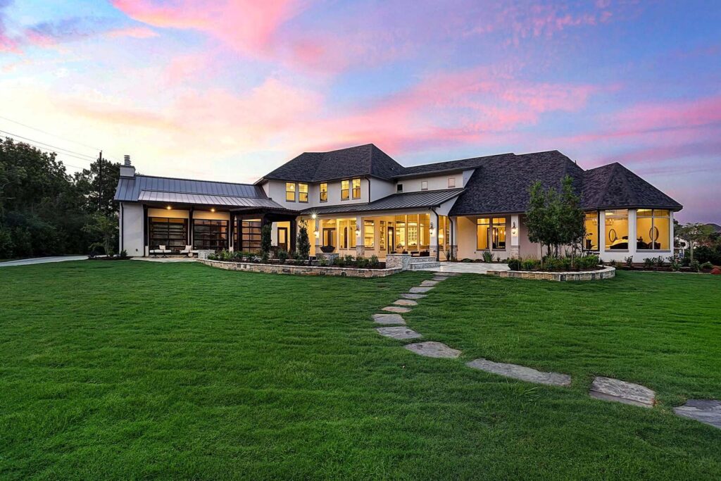 Luxury home exterior at sunset