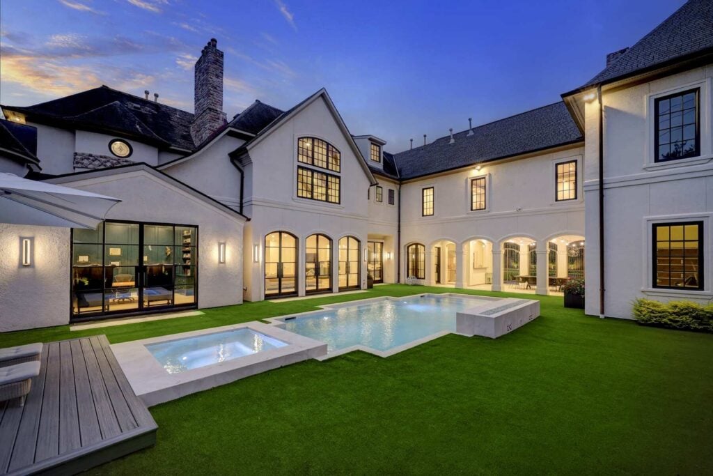 Elegant courtyard pool at twilight