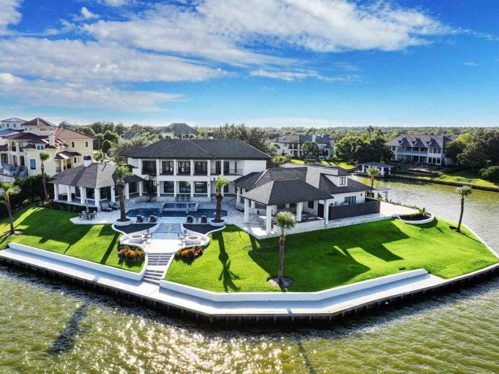 Aerial view of waterfront luxury estate